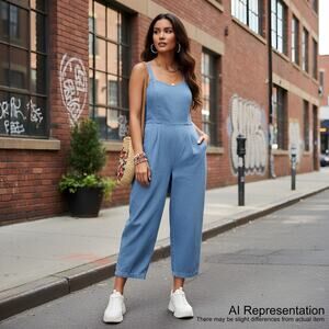 Old Navy Denim Jumpsuit Women L Blue Wide Leg Smocked Casual Chic Retro Boho